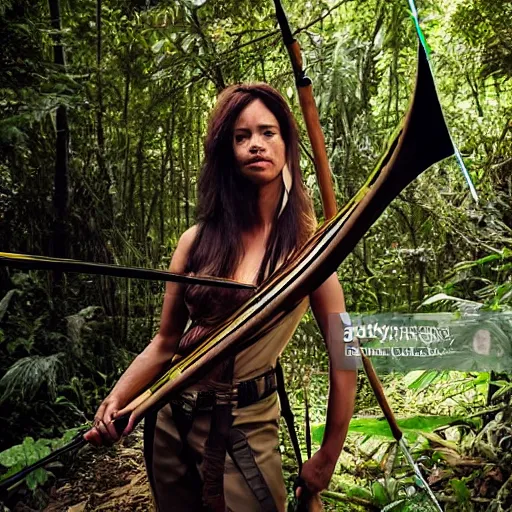 Prompt: photography, female heroine in the jungle hunting with bow and arrow, with pick axe, gettyimages, realistic face