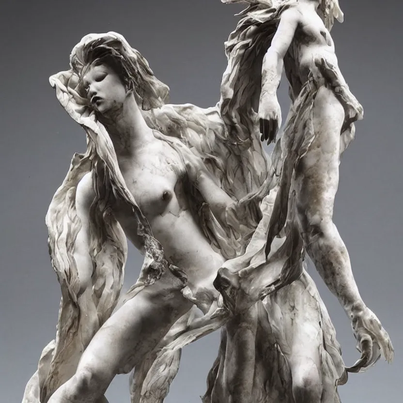 Image similar to A beautiful marble statue. Feathers and leather. Hell and heaven. by Yasushi Nirasawa.