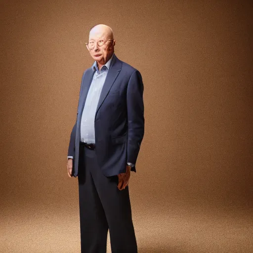 Prompt: uhd candid photo of klaus schwab with empty pockets and very sad frown, with accurate face, uhd, studio lighting, photorealistic, correct face, photo by annie leibovitz