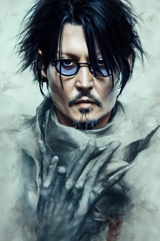 Image similar to johnny depp as uryu ishida quincy from anime bleach, dark, intricate, highly detailed, smooth, artstation, digital illustration by Ruan Jia and Mandy Jurgens and Artgerm and Wayne Barlowe and Greg Rutkowski and Zdislav Beksinski