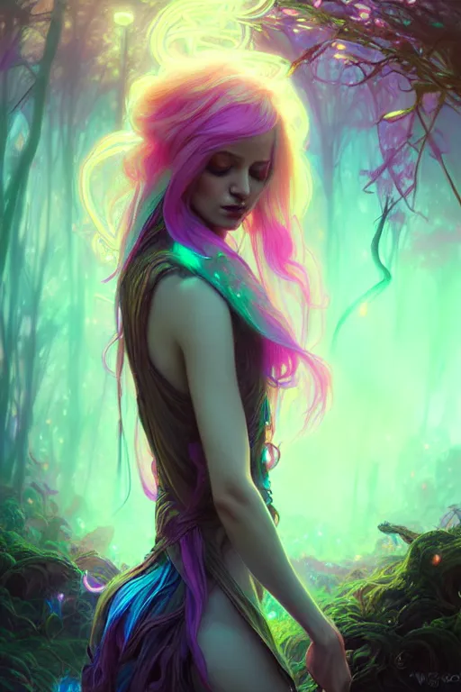 Image similar to stunningly beautiful female neon hair, fantasy art, fae priestess, mushroom forest landscape, dark light night, sharp focus, digital painting, 4 k, concept art, art by wlop, artgerm, greg rutkowski and alphonse mucha