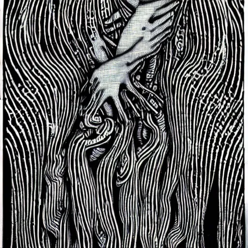 Image similar to two eldritch women abominations of unimaginable horror kissing each other by h. r. giger and junji ito, speculative evolution, op art with big bold patterns