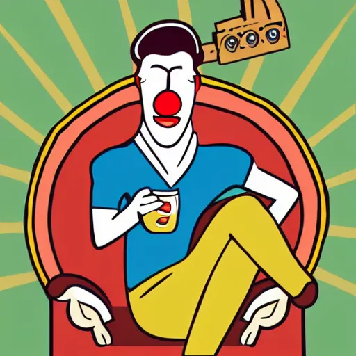 Image similar to illustration of the greek god eros who is a clown, has hurt his knee, sitting in a chair and is watching the game on tv, beer in hand