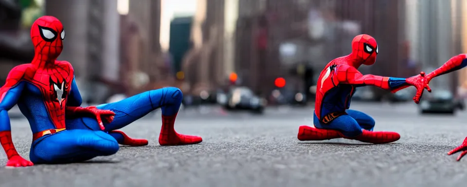 Image similar to spider - man and superman meet in new york city street, high res, shallow depth of field, realistic image