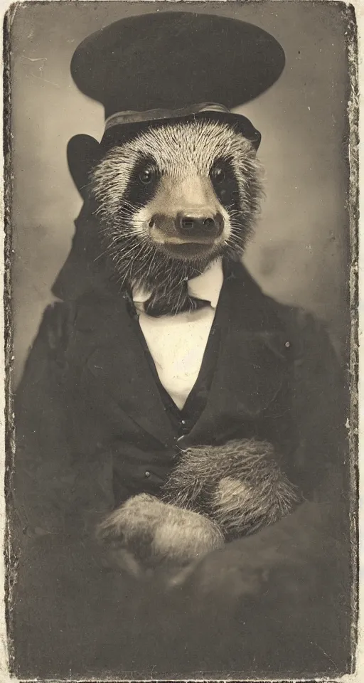 Image similar to daguerreotype portrait of a honey badger as watchmaker in suit and hat, stempunk vintage style, wet collodion, stempunk, sepia, monochrome black and white, artistic photo from late xix century, high resolution, dark atmosphere