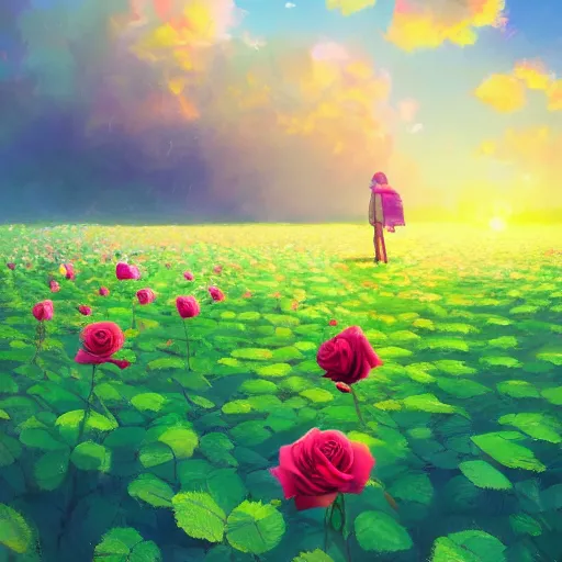 Image similar to large rose for face, girl frontal in a flower field, surreal photography, sunrise dramatic light, impressionist painting, colorful clouds, digital painting, artstation, simon stalenhag