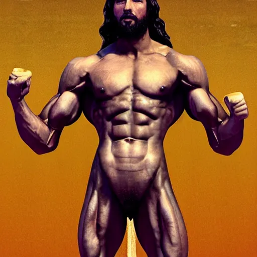 Image similar to jesus as a veiny body builder, extreme detail, 4k, realistic, photograph