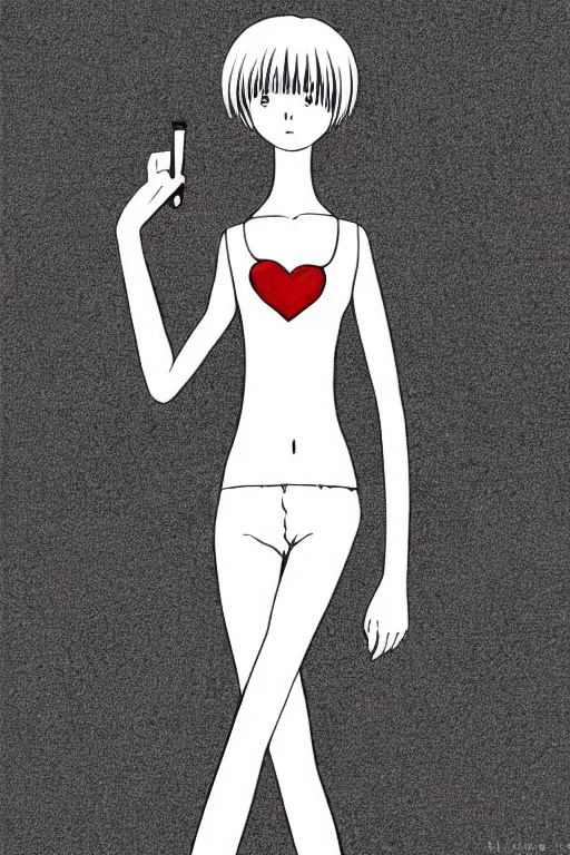 Prompt: portrait of a girl in long pants and a top, hands in pockets, eyes closed, red color heart shaped tattoo on the right hand, bob haircut, digital art, black and white, minimalistic illustration by junji ito and kaoru mori