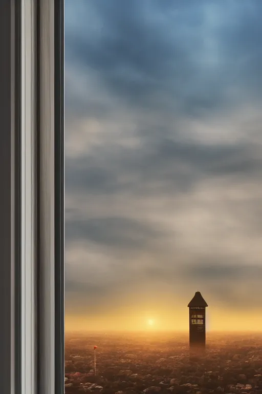 Image similar to Spying into the windows of a small tower block from outside , windows full of the private lives of the human inhabitants, volumetric lighting shines through the misty sunset sky , full color , 4K