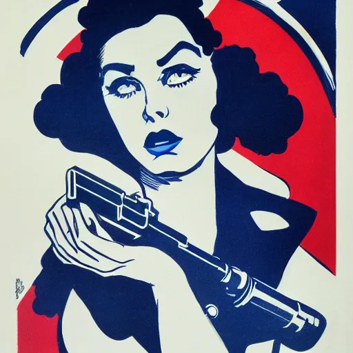 Prompt: noir femme fatale with a gun, rudolph belarski, robert mcginnis, german expressionism, blue red highlighter risograph, 8 k highly detailed