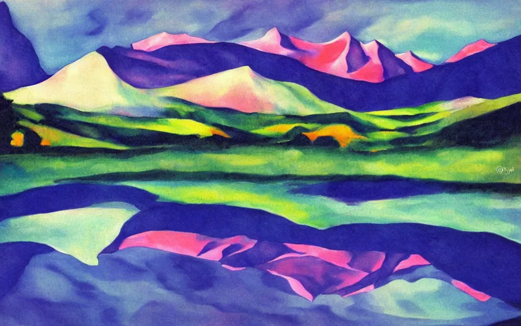 Prompt: the alps and reflection in a lake in the style of georgia o keeffe. colorful, wavy. painting.