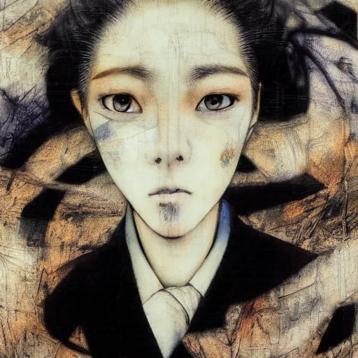 Image similar to yoshitaka amano blurred and dreamy realistic portrait of a woman with black eyes and white hair wearing dress suit with tie, junji ito abstract patterns in the background, satoshi kon anime, noisy film grain effect, highly detailed, renaissance oil painting, weird portrait angle, blurred lost edges, three quarter view