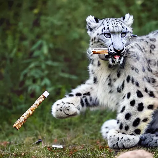 Image similar to A snow leopard with a spliff in his mouth smoking, award winning photo