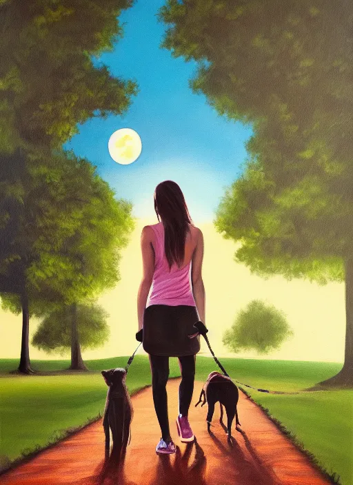 Prompt: young brown woman walking her dog in a park at night with a full moon, acrylic painting, photoreal, fantasy