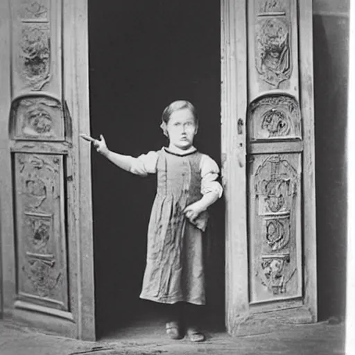 Prompt: an old photograph of a victorian child facing away from the camera, pointing at a glowing doorway