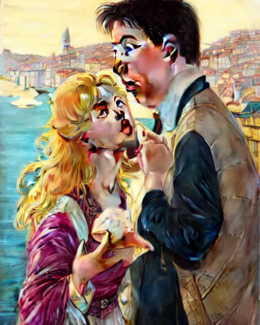 Image similar to Portrait of Michael Mcintyre & blonde actress with big lips eating ice creams in Porto,real life skin, intricate, elegant, highly detailed, artstation, concept art, smooth, sharp focus, art by artgerm and greg rutkowski and alphonse mucha