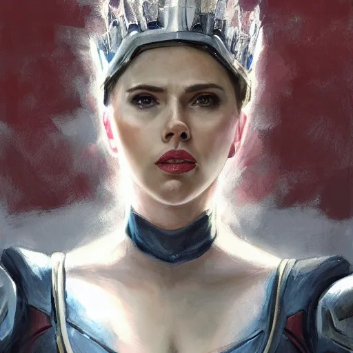 Prompt: captain america by scarlett johansson as an attractive young smiling woman wearing a mushroom crown and heavy armoured wedding dress, face portrait, hd shot, digital portrait, elegant, beautiful, fantasy art, artstation, comic style, by artgerm, guy denning, jakub rozalski, magali villeneuve and charlie bowater