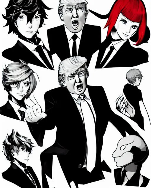 Prompt: Donald Trump, in the style of Persona 5, Persona 5, Persona 5 artwork