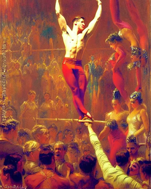 Image similar to attractive male acrobat performing trips from the highwire in the center ring of a three ring circus, the crowd looks on in excitement, spotlight on the acrobat, bright colors, painting by gaston bussiere, craig mullins, j. c. leyendecker