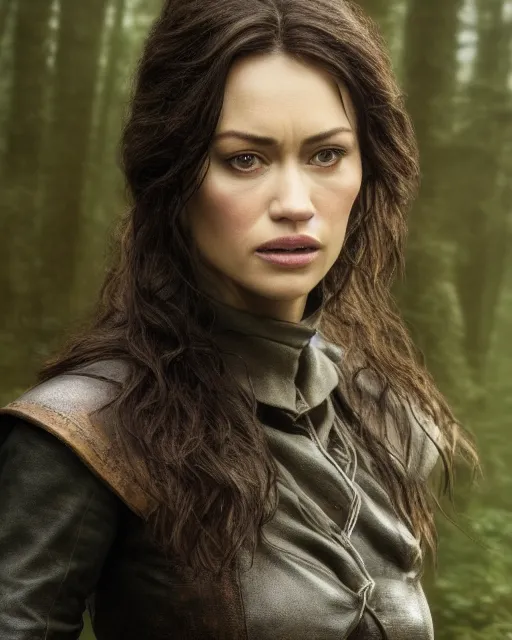 Prompt: 5 5 mm close up portrait photo of olga kurylenko as real life tough looking yennefer of vengerberg in black leather armor, in a forest. magical atmosphere. art by greg rutkowski. highly detailed 8 k. intricate. lifelike. soft light. nikon d 8 5 0.