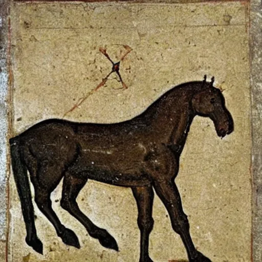 Image similar to medieval painting of a horse by someone who does not know what a horse looks like.