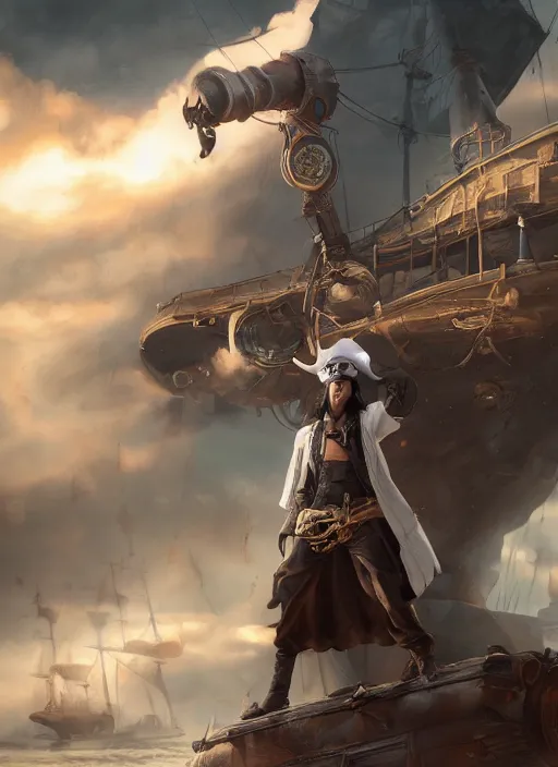 Image similar to An epic fantasy comic book style portrait painting of a skinny white bald sky-pirate with a goofy expression sitting in front of a ship's cannon, unreal 5, DAZ, hyperrealistic, octane render, cosplay, RPG portrait, dynamic lighting