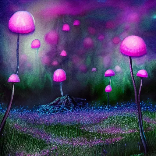 Image similar to field of luminescent pink and blue mycena fungi, emitting spore clouds, midnight, moonlight, fantasy art, mysterious, magical, hyperrealistic, detailed, soft lighting, fireflies