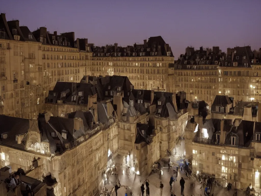 Image similar to people hanging out on the rooftop of the buildings of place des vosges at night