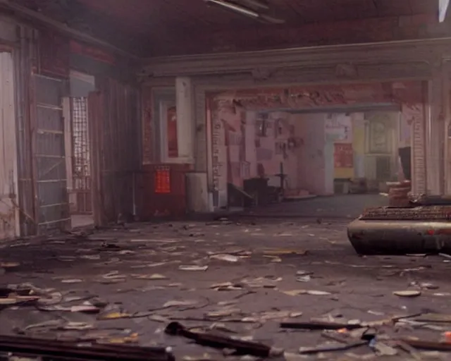 Image similar to a still of irl empty Ken's stage from Street Fighter 2 in the movie Hard Target (1993), HDR, high quality, 8k, highly detailed and intricate,