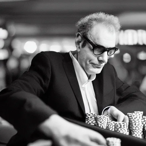 Prompt: Donald Fagen at a casino, XF IQ4, f/1.4, ISO 200, 1/160s, 8K, RAW, unedited, symmetrical balance, in-frame, Facial Retouch