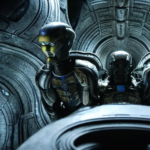 Image similar to prometheus movie still frame by giger, marble bismuth and alabaster cyclop ironman