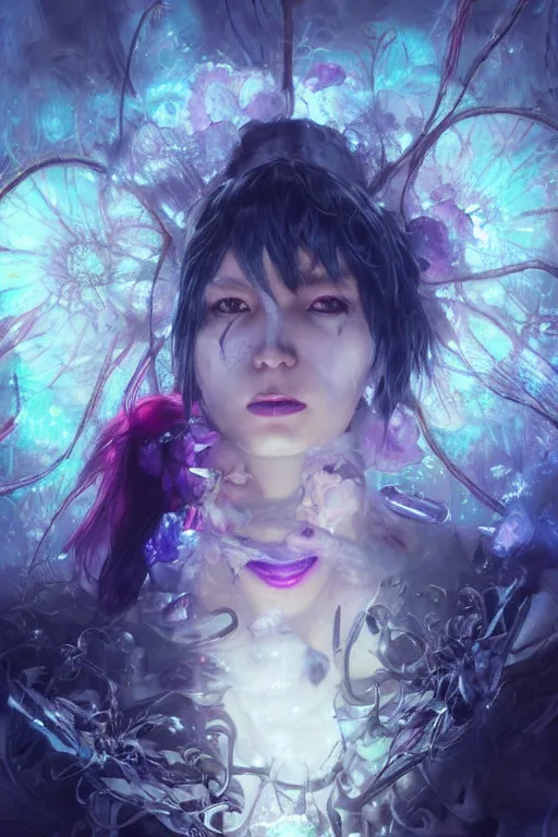 Image similar to ghost in the shell face closeup of beautiful girl necromancer, witch - doctor covered with crystals exploding into ice, 3 d render, hyper realistic detailed portrait, holding magic flowers, ruan jia, wlop. scifi, fantasy, hyper detailed, octane render, concept art, peter mohrbacher