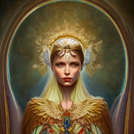 Image similar to A beautiful digital painting of a female Seraphim full of jewels, princess, the moon behind her, intricate, cinematic lighting, highly detailed, digital painting, Artstation, concept art, smooth, sharp focus, illustration, art by Tom Bagshaw, Artgerm and Greg Rutkowski