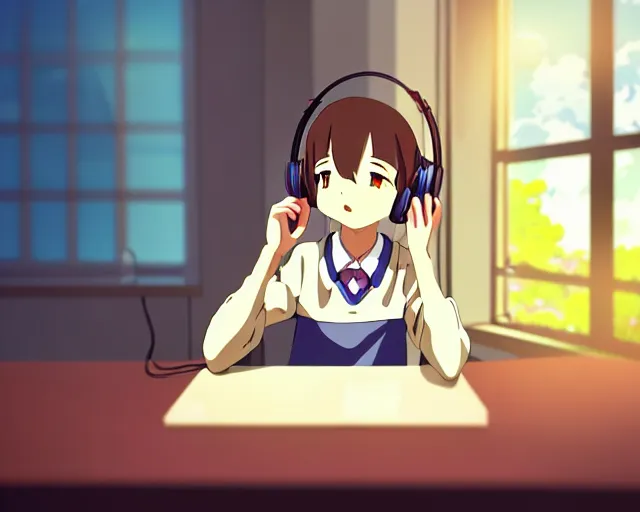 Image similar to anime fine details portrait of joyful school girl in headphones studying near monitor in her room at the table, evening, lamp, lo-fi, open window, dark city landscape on the background deep bokeh, profile close-up view, anime masterpiece by Studio Ghibli. 8k, sharp high quality anime