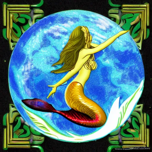 Image similar to a mermaid in the style of an Earth, Wind, and Fire album cover