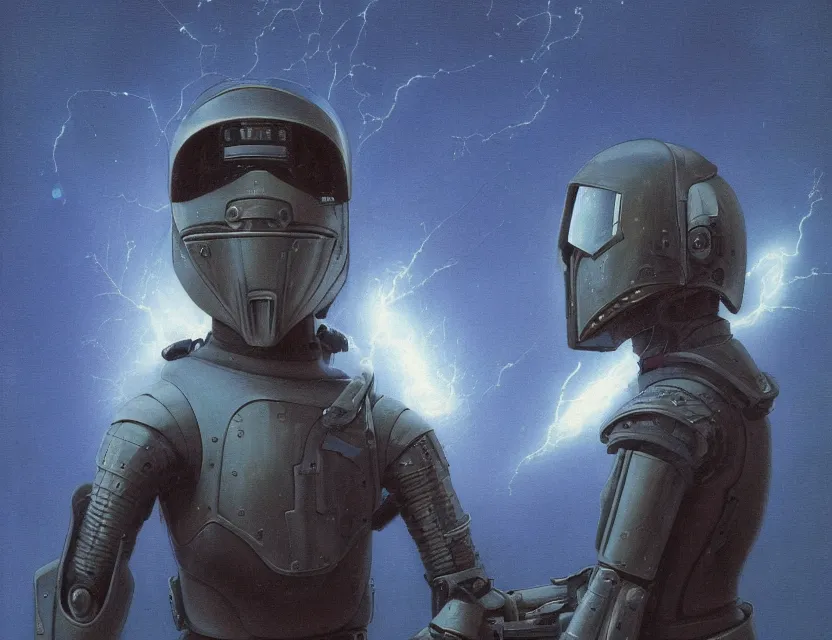 Image similar to a detailed portrait painting of a lone bounty hunter wearing combat armour and a reflective visor. Head and chest only. Movie scene, cinematic sci-fi scene. Flight suit, cloth and metal, accurate anatomy. portrait symmetrical and science fiction theme with lightning, aurora lighting. clouds and stars. Futurism by beksinski carl spitzweg moebius and tuomas korpi. baroque elements. baroque element. intricate artwork by caravaggio. Oil painting. Trending on artstation. 8k