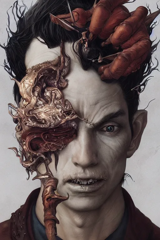 Image similar to a portrait of handsome demon illustrated by miyazaki by karol bak, james jean, tom bagshaw, rococo, sharp focus, trending on artstation, cinematic lighting, hyper realism, octane render, 8 k, hyper detailed, vivid, ultra detailed, highly detailed