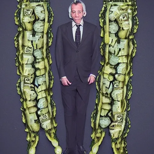 Prompt: a tall man in a suit, the man is made out of pickles, surreal, highly detailed