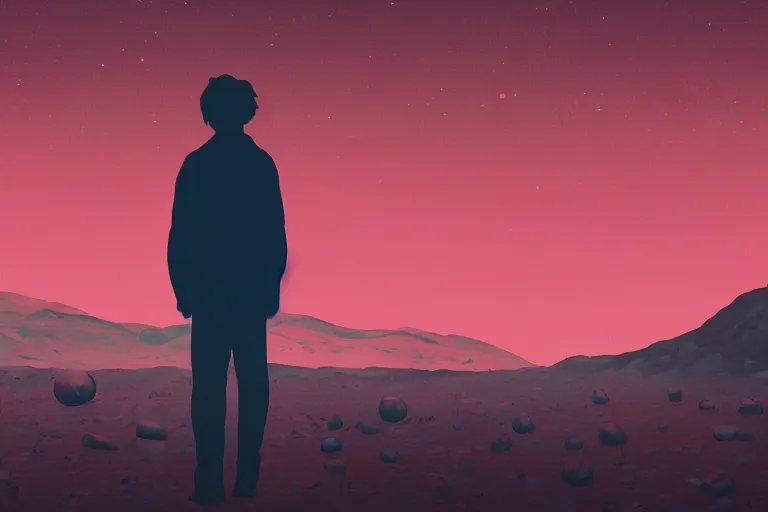 Image similar to a sad human standing on mars in the style of flooko, acrylic art, detailed, moonlight, red lighting, bokeh, synthwave, psychedelic, glitch, neon,