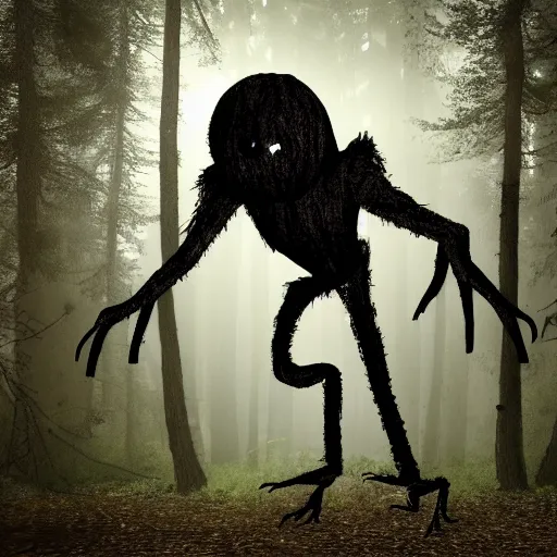 Prompt: long leg monster in a dark forest at midnight