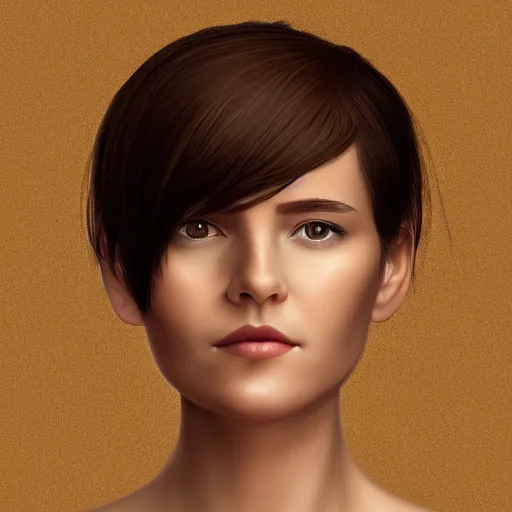 Prompt: portrait of a young lady with short hair and brown eyes and round face with thin lips, hyperrealistic, detailed, illustration, brown eyes