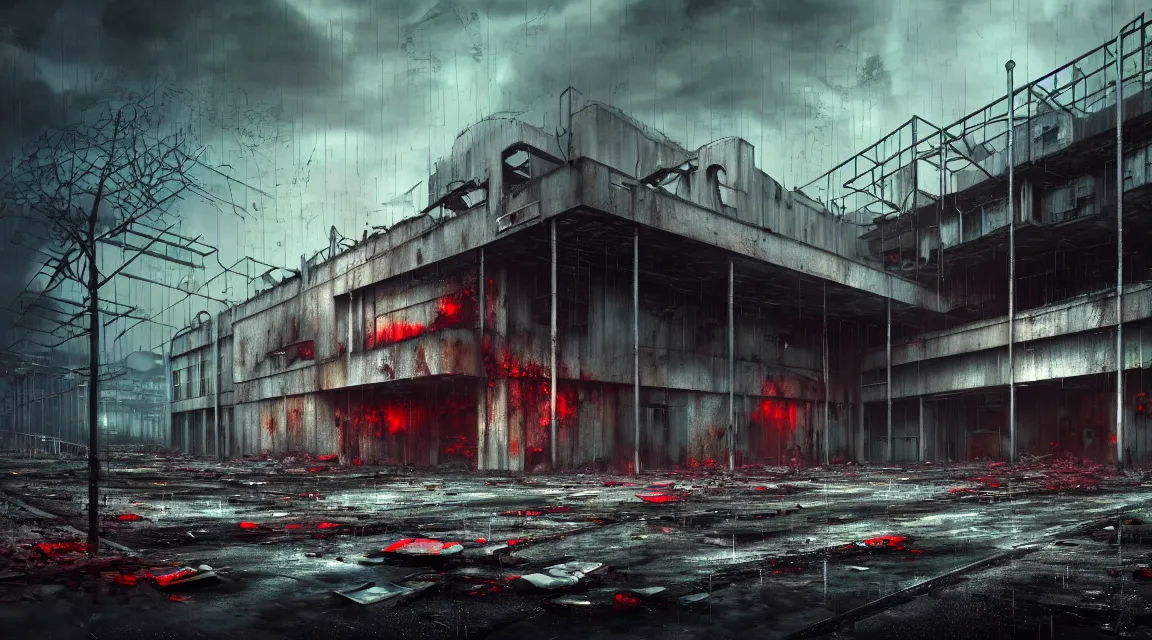 Prompt: post apocalyptic factory building, raining, building, avenue, modern contemporary urban americana concrete architecture, by pascal blanche, neil blevins, thomas kinkade, apocalyptic color palette, trending on artstation, photorealistic, neon ambiance, ultra detailed, high definition, depth of field, bokeh, rubble, wild vegetation, blood stains, building crumbling