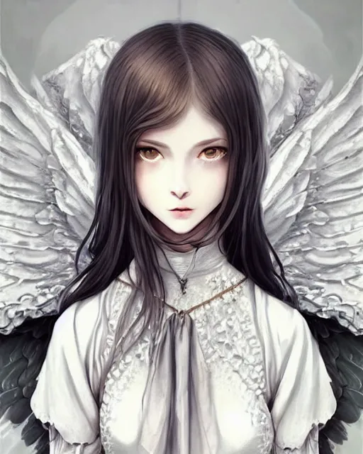 Image similar to an infinitely detailed portrait of a frail and pale female peace angel fully clothed. elegant clothes full - body, beautiful! scenery art!! coherent! by wlop & murata range, by ilya kuvshinov. victorian armor. artstation!! / pixiv!! elegantly armored angel portrait full - body, dreamy art