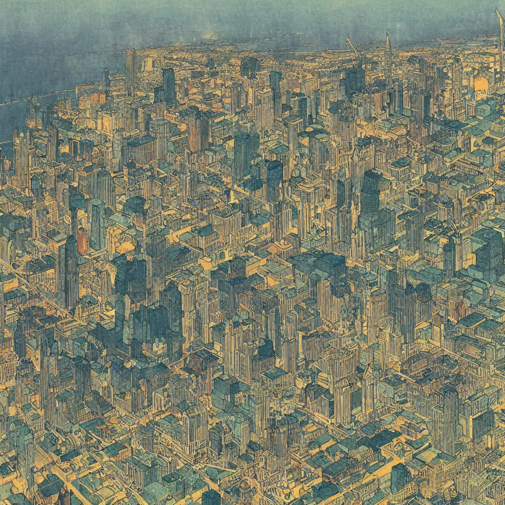 Image similar to highly detailed illustration of the milwaukee skyline, by edmund dulac, loish, and android jones, scans from museum collection