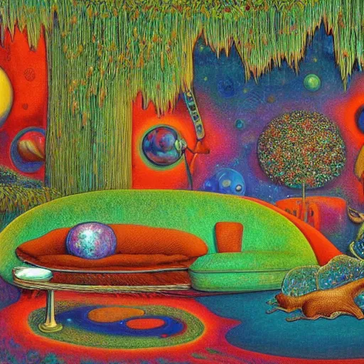 Prompt: psychedelic couch sofa in the lush forest, milky way, designed by moebius, rob gonsalves, gustav dore, giuseppe arcimboldo and carl barks, louis wain, trending on artstation, canada, star, sharp focus, colorful refracted sparkles and lines, soft light, 8 k 4 k