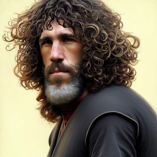 Image similar to Carles Puyol with a majestic beard, closeup, D&D, fantasy, intricate, elegant, highly detailed, digital painting, artstation, concept art, matte, sharp focus, illustration, art by Artgerm and Greg Rutkowski and Alphonse Mucha