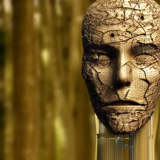 Image similar to very detailed portrait 55mm photo of a mechanical head without skin, optic fiber nerves, gears in his head and cybernetic enhancements with no plating. Packed with cybernetics. Has cameras for eyes. In the forest with bokeh. Ray tracing and tessellation. Very sharp high detailed 8k image