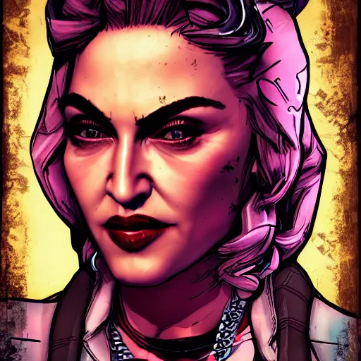 Image similar to madonna portrait, borderlands, tales from the borderlands, the wolf among us, comic, cinematic lighting, studio quality, 8 k