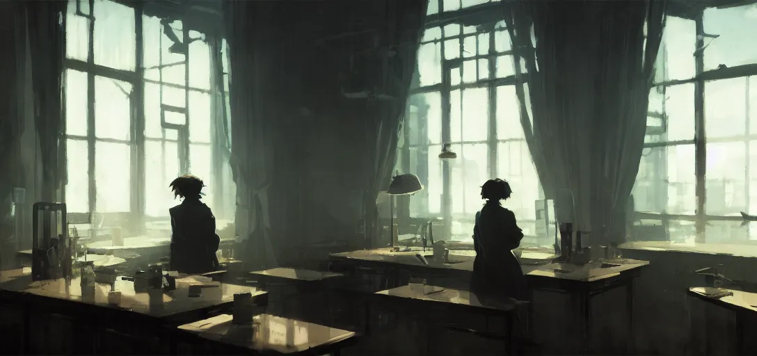 Prompt: a noir scene in a detective agency, desks, large glass windows, wooden trim, deep shading, vintage, by greg rutkowski, ( ( ( by ilya repin ) ) ), by studio ghibli