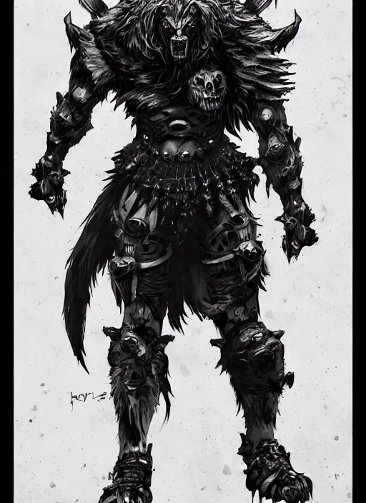 Image similar to Full body portrait of a scary gnoll wolf man. Armour made of human skulls. In style of Yoji Shinkawa and Hyung-tae Kim, trending on ArtStation, dark fantasy, great composition, concept art, highly detailed.